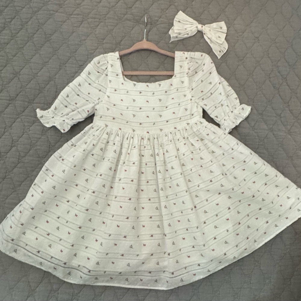 Janie and Jack white cotton rosebud dress and matching bow